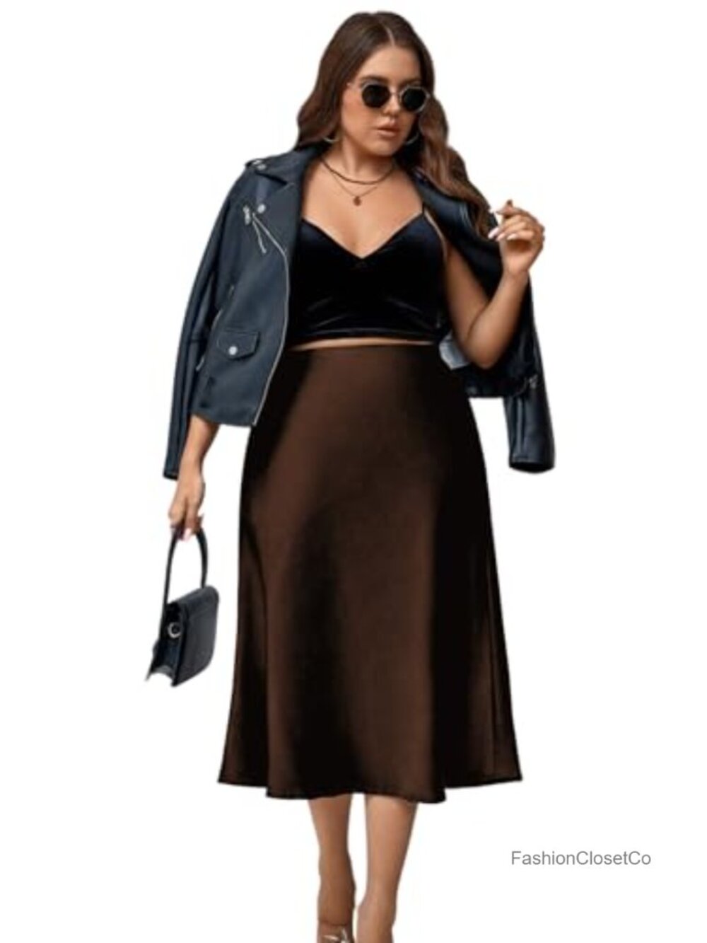 Plus Size Satin High Waisted A-Line Midi Skirt